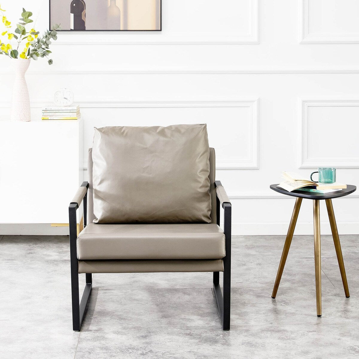 Mid Century Upholstered Armchair PU Leather Accent Chair with Metal Frame Extra-Thick Padded Backrest Sofa Chairs