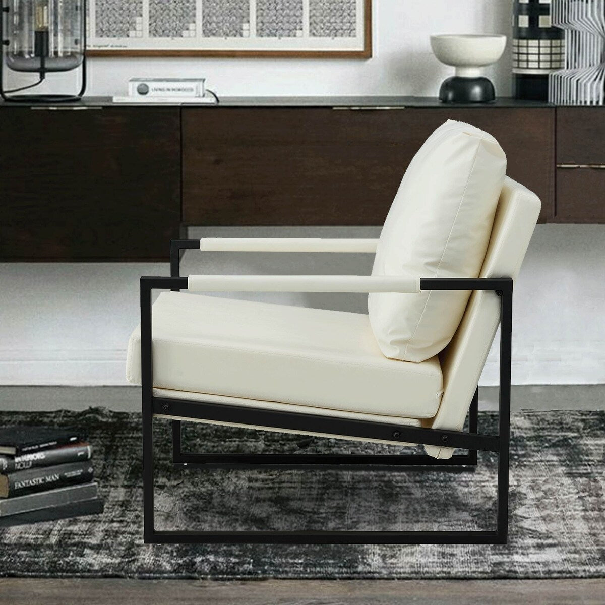 Mid Century Upholstered Armchair PU Leather Accent Chair with Metal Frame Extra-Thick Padded Backrest Sofa Chairs