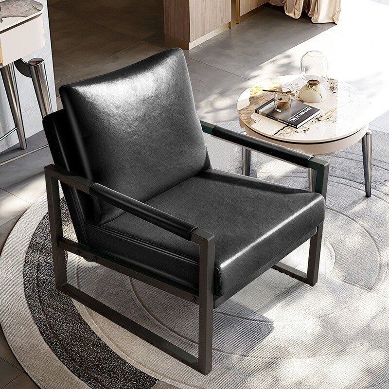 Mid Century Upholstered Armchair PU Leather Accent Chair with Metal Frame Extra-Thick Padded Backrest Sofa Chairs