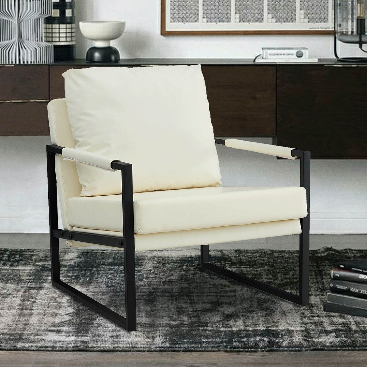 Mid Century Upholstered Armchair PU Leather Accent Chair with Metal Frame Extra-Thick Padded Backrest Sofa Chairs