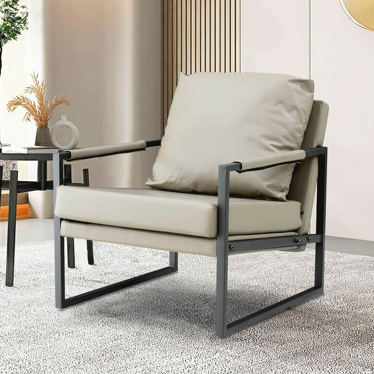 Mid Century Upholstered Armchair PU Leather Accent Chair with Metal Frame Extra-Thick Padded Backrest Sofa Chairs