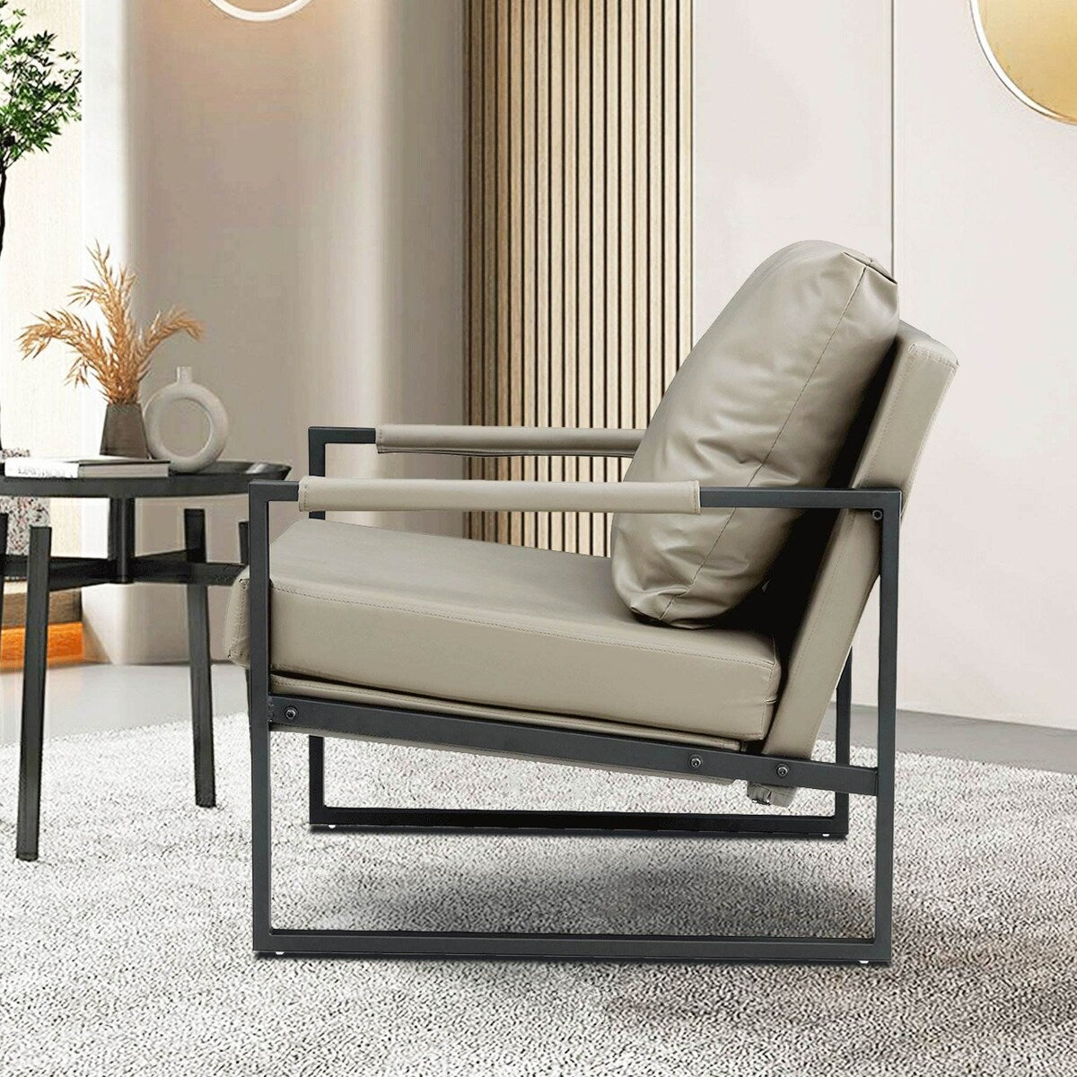 Mid Century Upholstered Armchair PU Leather Accent Chair with Metal Frame Extra-Thick Padded Backrest Sofa Chairs