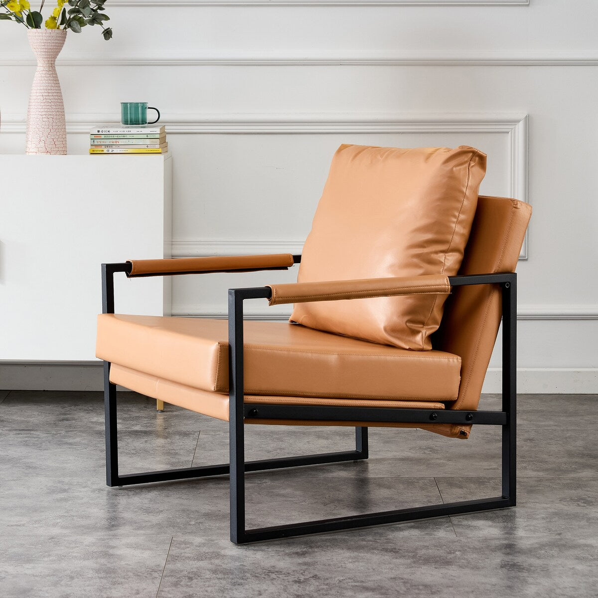 Mid Century Upholstered Armchair PU Leather Accent Chair with Metal Frame Extra-Thick Padded Backrest Sofa Chairs