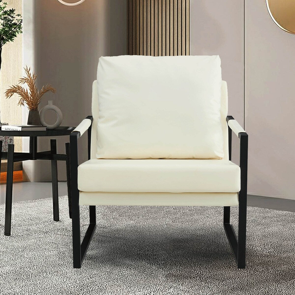 Mid Century Upholstered Armchair PU Leather Accent Chair with Metal Frame Extra-Thick Padded Backrest Sofa Chairs