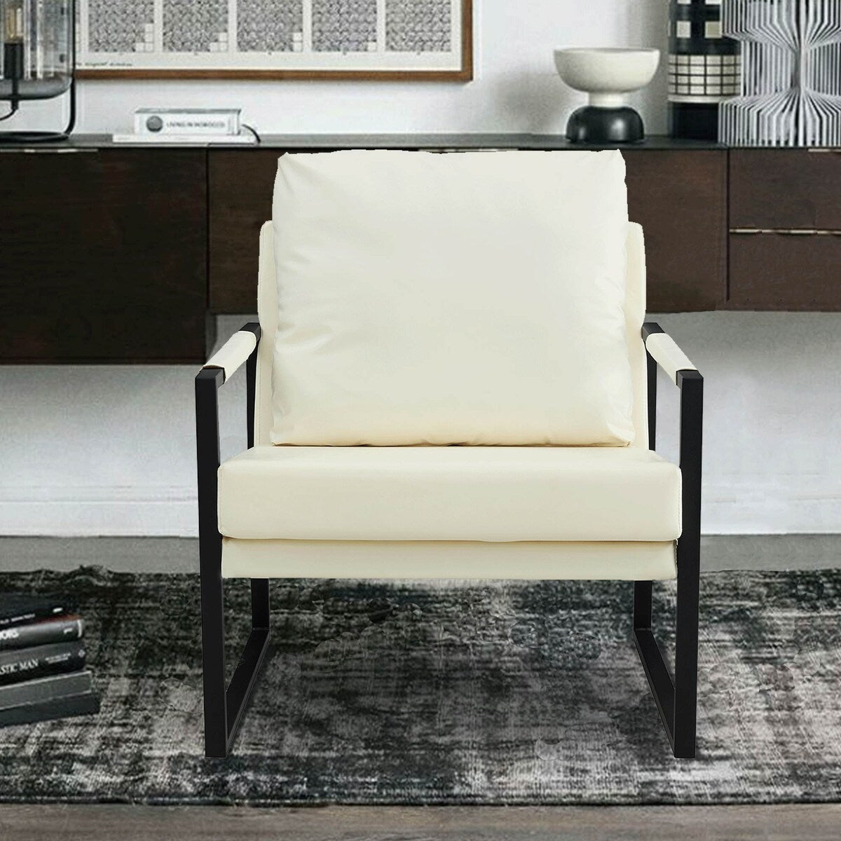 Mid Century Upholstered Armchair PU Leather Accent Chair with Metal Frame Extra-Thick Padded Backrest Sofa Chairs