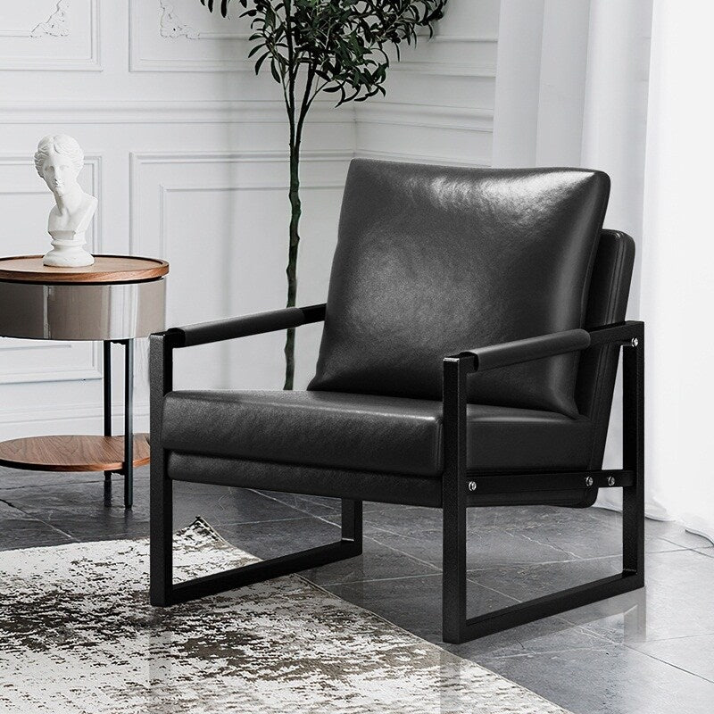 Mid Century Upholstered Armchair PU Leather Accent Chair with Metal Frame Extra-Thick Padded Backrest Sofa Chairs