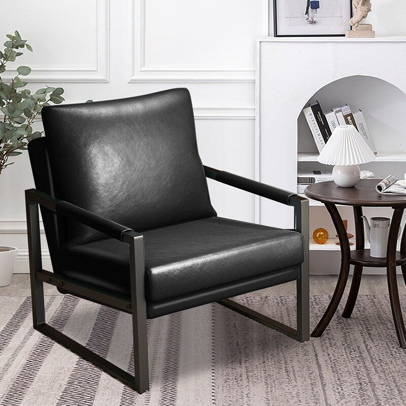 Mid Century Upholstered Armchair PU Leather Accent Chair with Metal Frame Extra-Thick Padded Backrest Sofa Chairs
