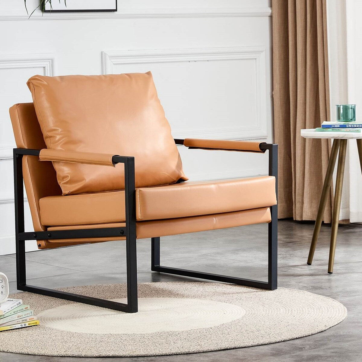 Mid Century Upholstered Armchair PU Leather Accent Chair with Metal Frame Extra-Thick Padded Backrest Sofa Chairs
