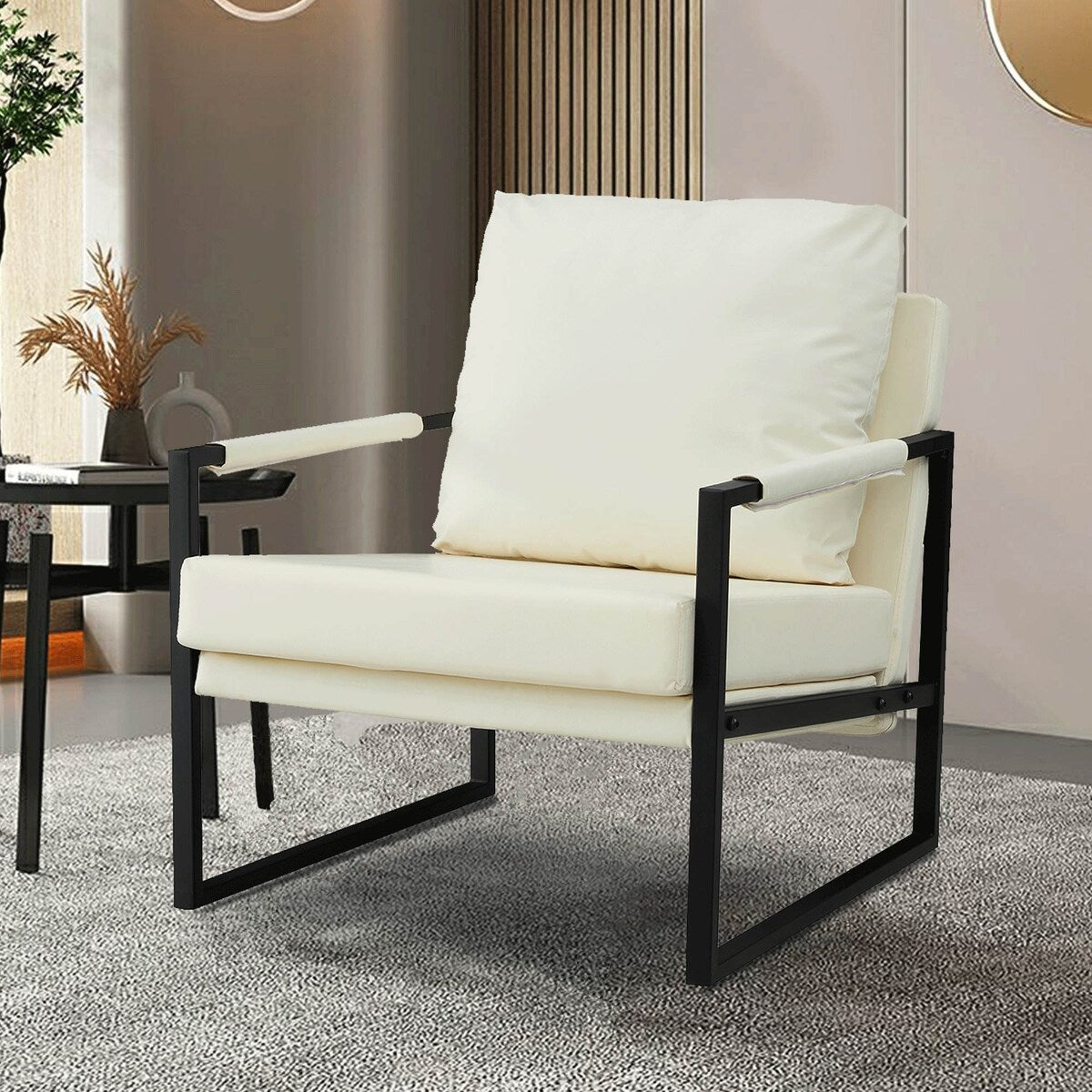 Mid Century Upholstered Armchair PU Leather Accent Chair with Metal Frame Extra-Thick Padded Backrest Sofa Chairs