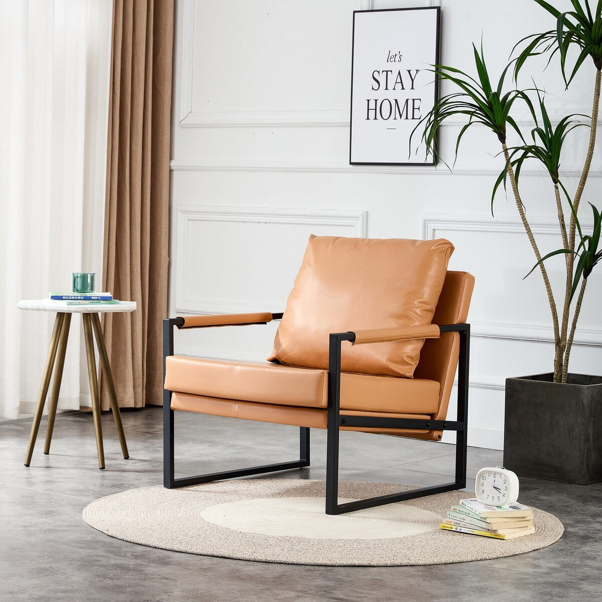 Mid Century Upholstered Armchair PU Leather Accent Chair with Metal Frame Extra-Thick Padded Backrest Sofa Chairs