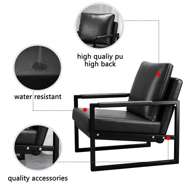 Mid Century Upholstered Armchair PU Leather Accent Chair with Metal Frame Extra-Thick Padded Backrest Sofa Chairs