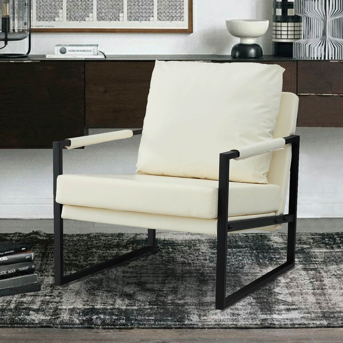 Mid Century Upholstered Armchair PU Leather Accent Chair with Metal Frame Extra-Thick Padded Backrest Sofa Chairs