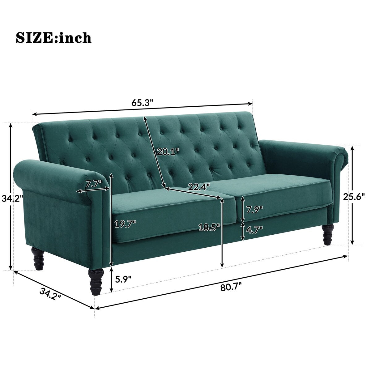 Mid-Century Upholstered Velvet Tufted Sofa with Scroll Arms