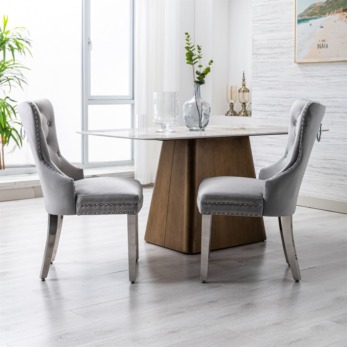 Velvet Upholstered Dining Chairs (Set of 2) with Stainless Steel Legs