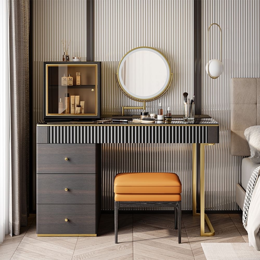 Mid-century Modern Makeup Vanity Table Set, LED Mirror, Tempered Glass Tabletop, 5 Drawers, Stool, Smoked Wood Veneer