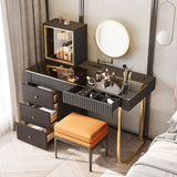 Mid-century Modern Makeup Vanity Table Set, LED Mirror, Tempered Glass Tabletop, 5 Drawers, Stool, Smoked Wood Veneer