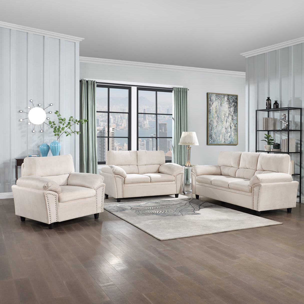 Mid-century Modern Upholstered Velvet Sofa Set with Armchair, Loveseat, 3-Seater Sofa