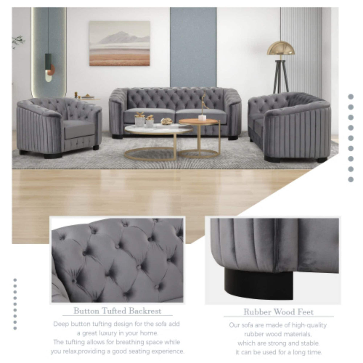 Mid-century Modern Velvet Upholstered Loveseat Sofa Sets with Rubber Wood Legs