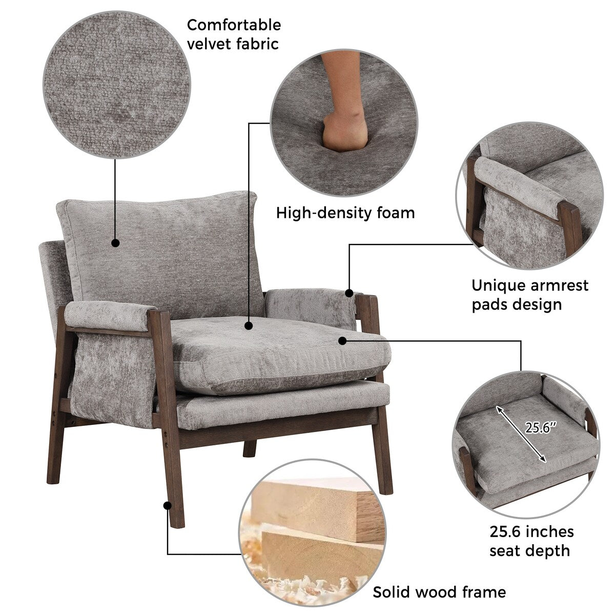 Mid-century modern velvet upholstered chair, lounge chair with padded seat cushion for living room, bedroom, studio