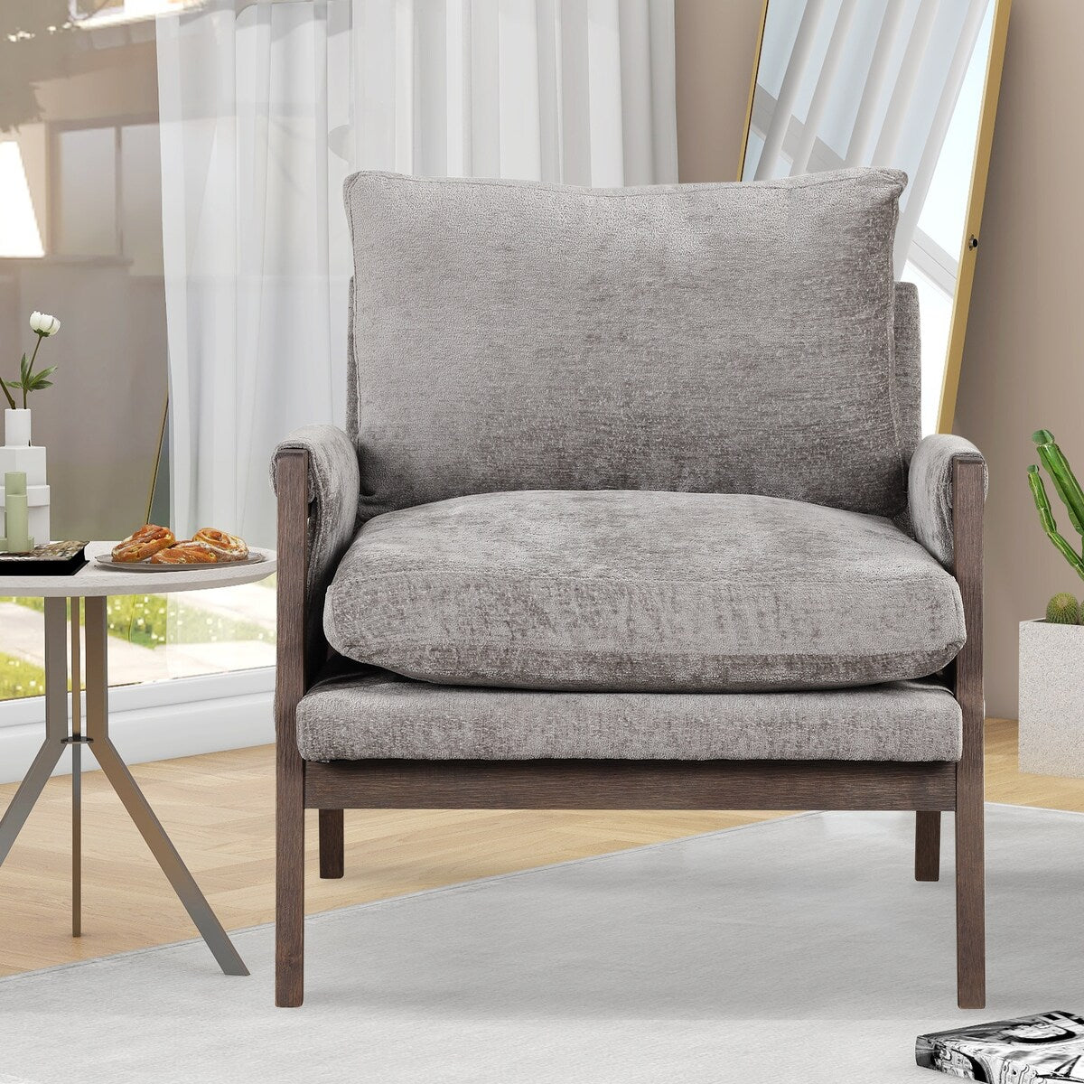 Mid-century modern velvet upholstered chair, lounge chair with padded seat cushion for living room, bedroom, studio