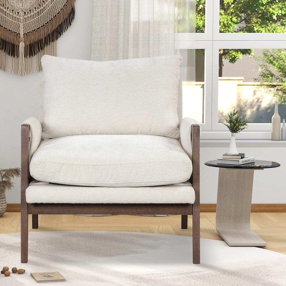 Mid-century modern velvet upholstered chair, lounge chair with padded seat cushion for living room, bedroom, studio