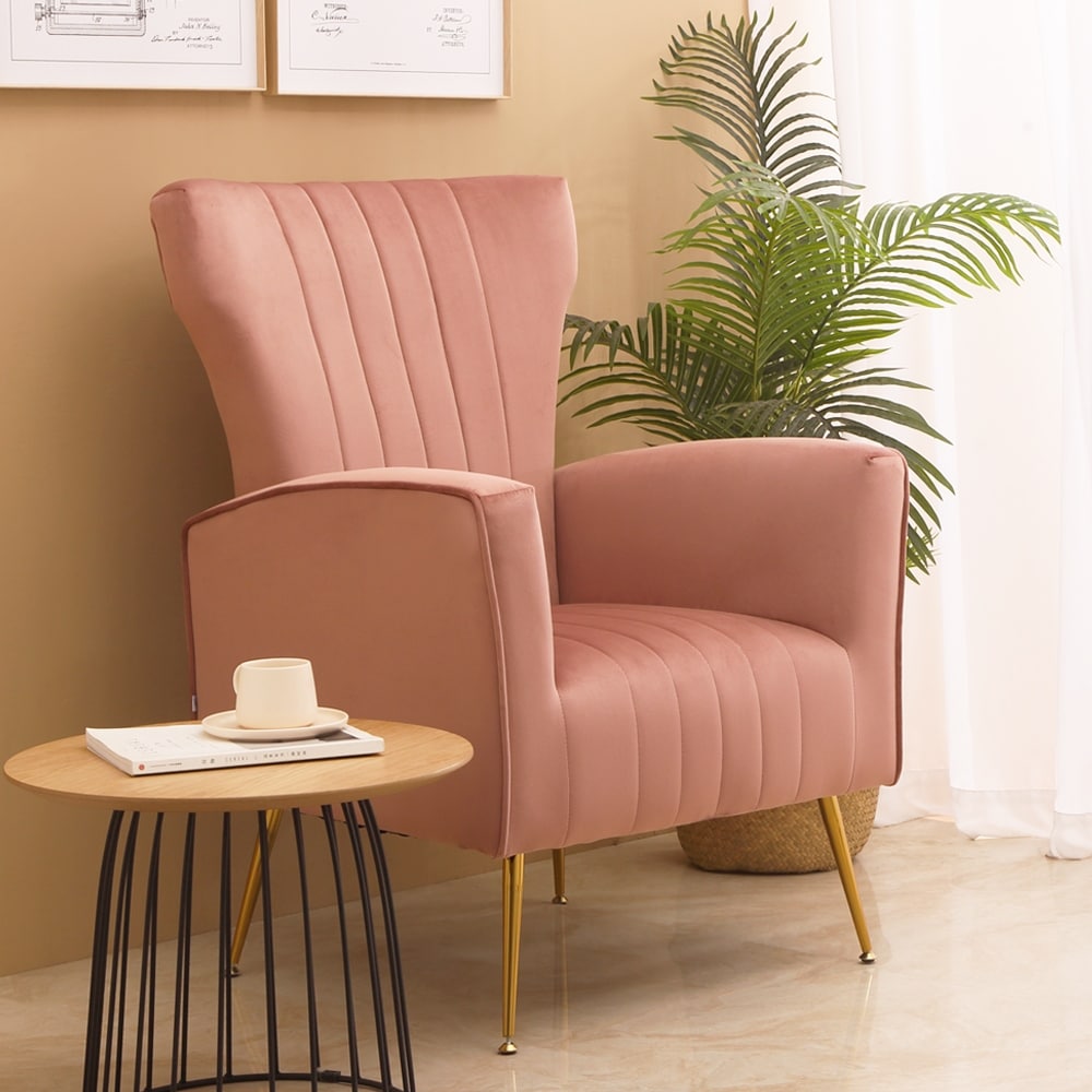Midcentury Style Luxury Velvet Accent Chair, Wingback Arm Chair with Gold Legs, Upholstered Single Sofa for Living Room Bedroom