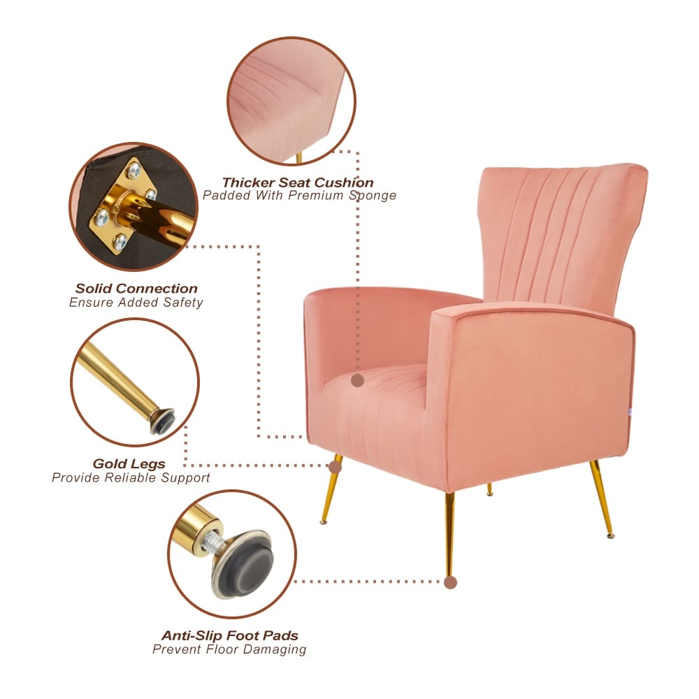 Midcentury Style Luxury Velvet Accent Chair, Wingback Arm Chair with Gold Legs, Upholstered Single Sofa for Living Room Bedroom