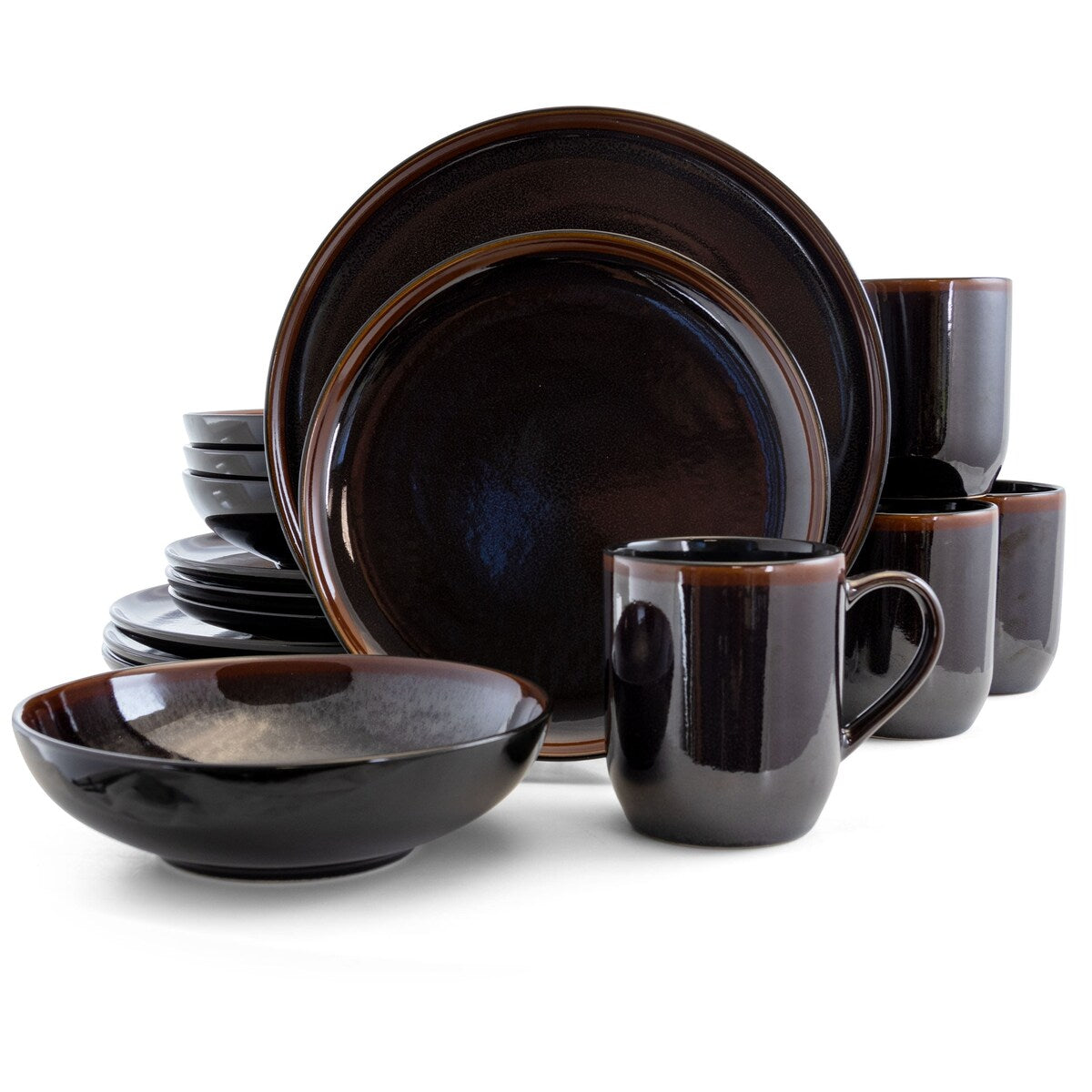 Midnight Beach 16 Pieces Round Stoneware Dinnerware Set in Metallic Black