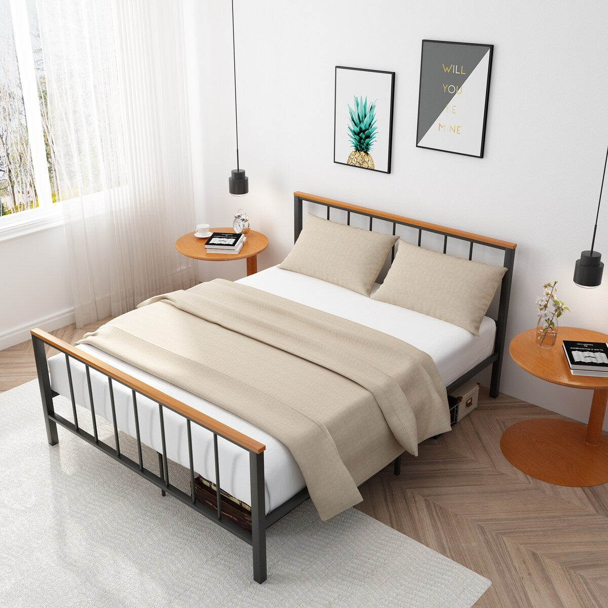 Mieres Industrial Metal Platform Bed Frame with Headboard & Footboard