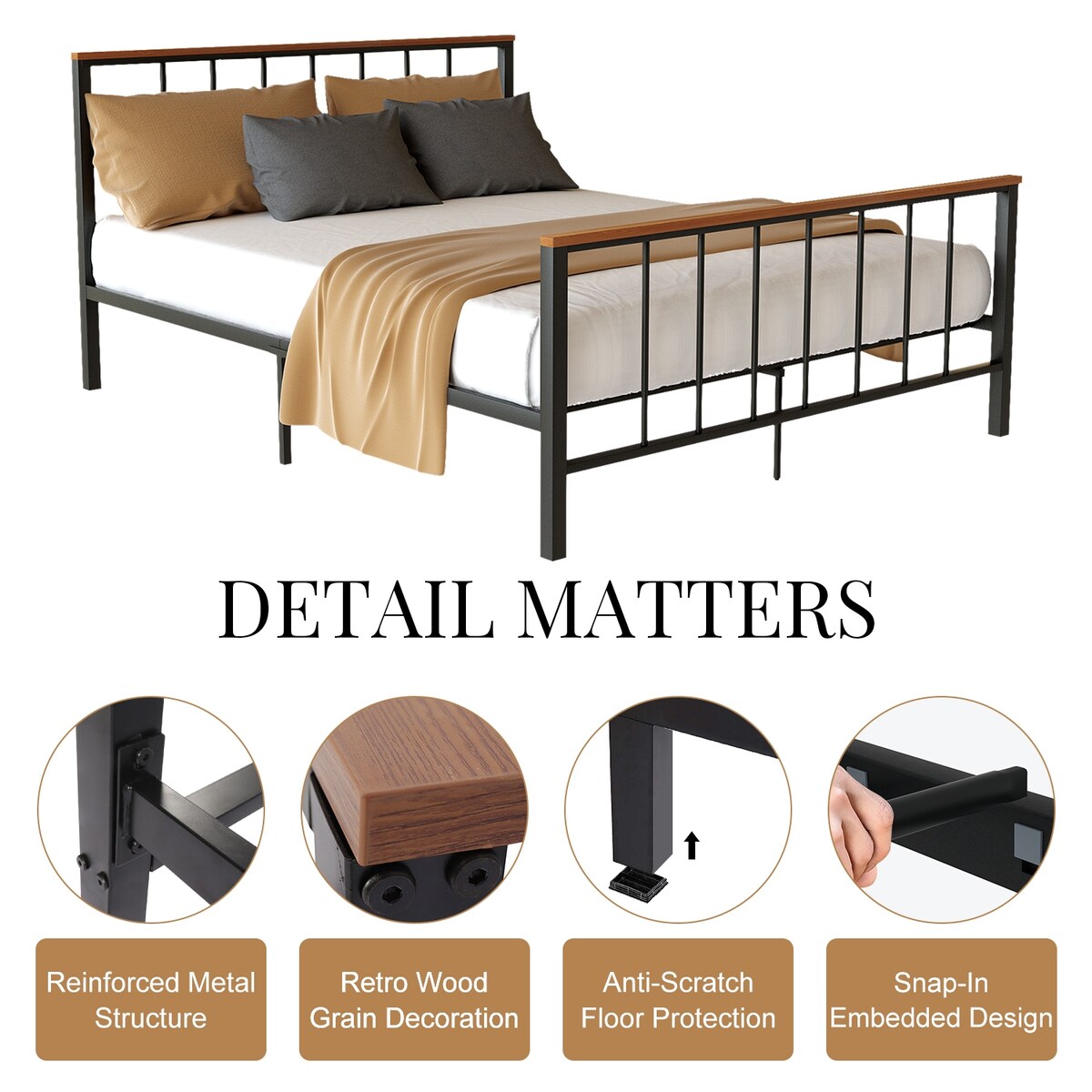 Mieres Industrial Metal Platform Bed Frame with Headboard & Footboard