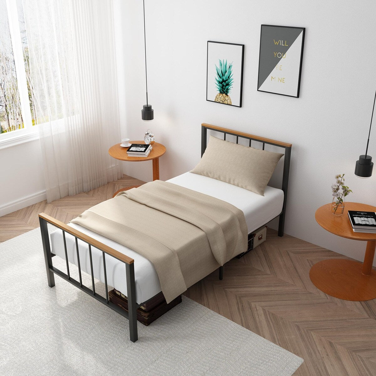 Mieres Industrial Metal Platform Bed Frame with Headboard & Footboard
