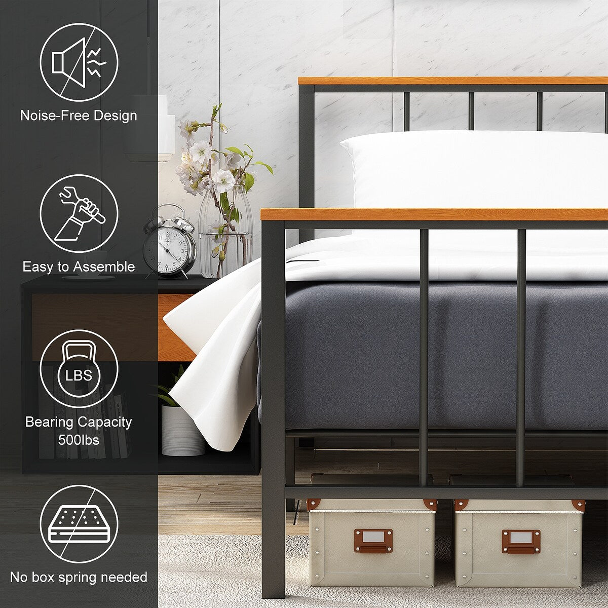Mieres Industrial Metal Platform Bed Frame with Headboard & Footboard