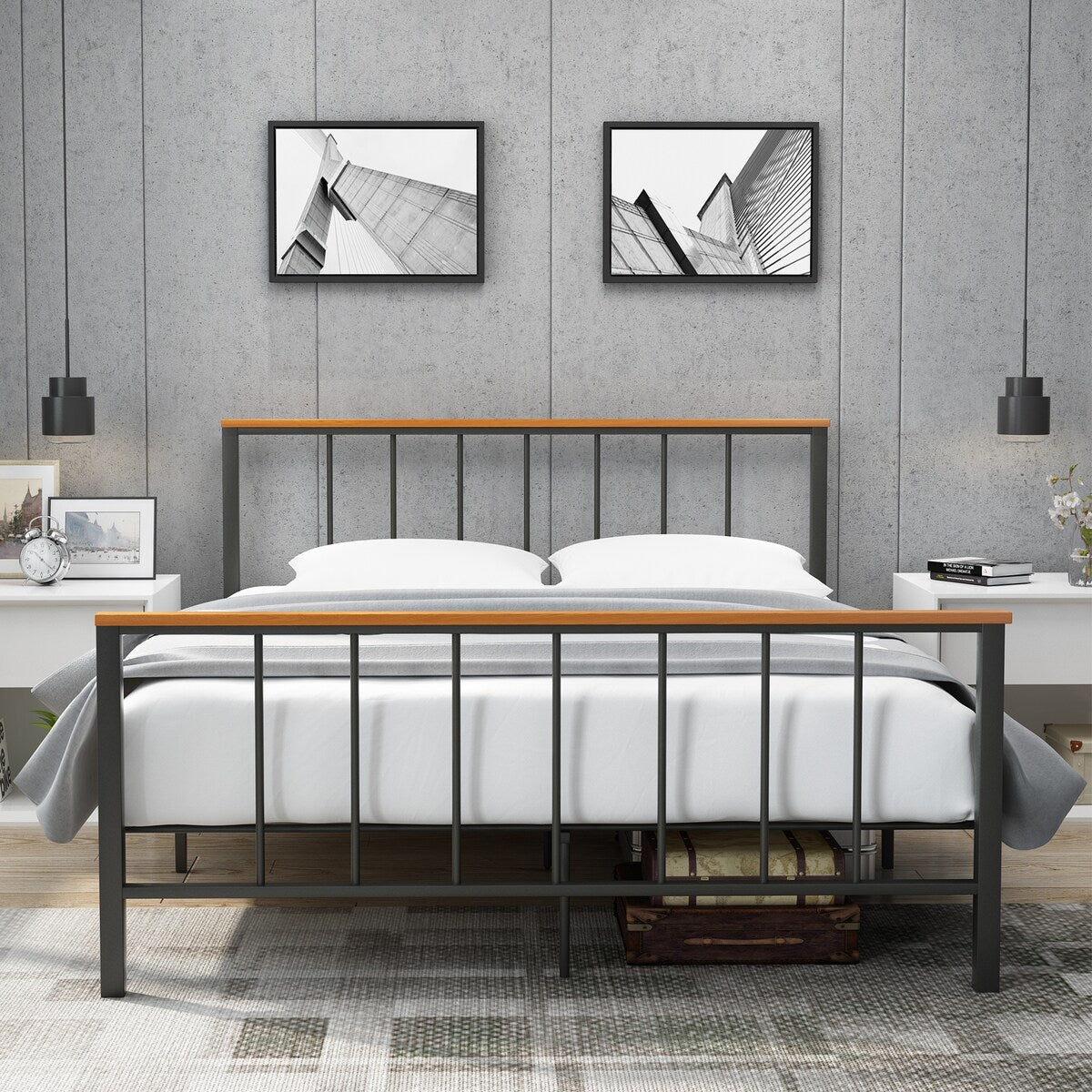 Mieres Industrial Metal Platform Bed Frame with Headboard & Footboard