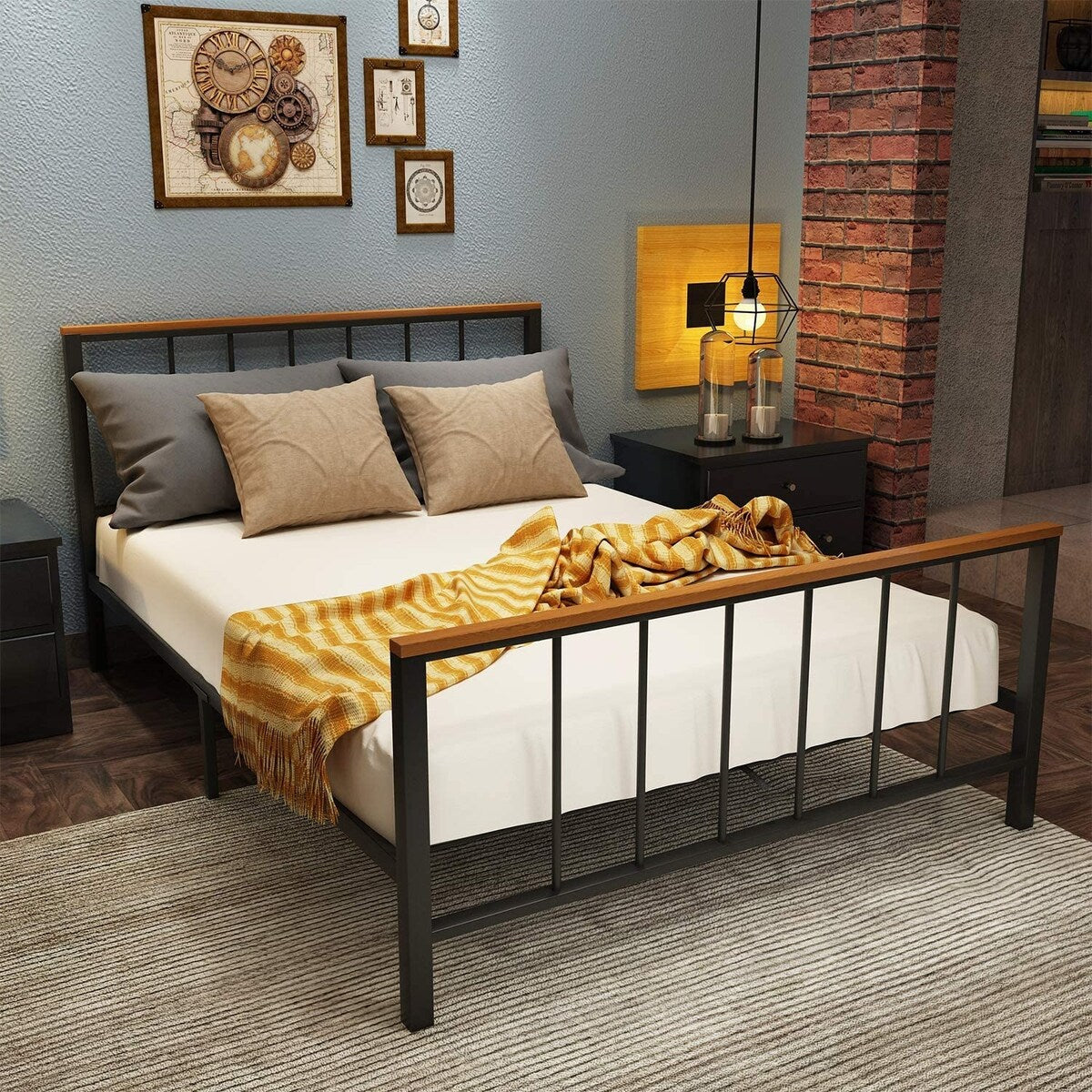 Mieres Industrial Metal Platform Bed Frame with Headboard & Footboard