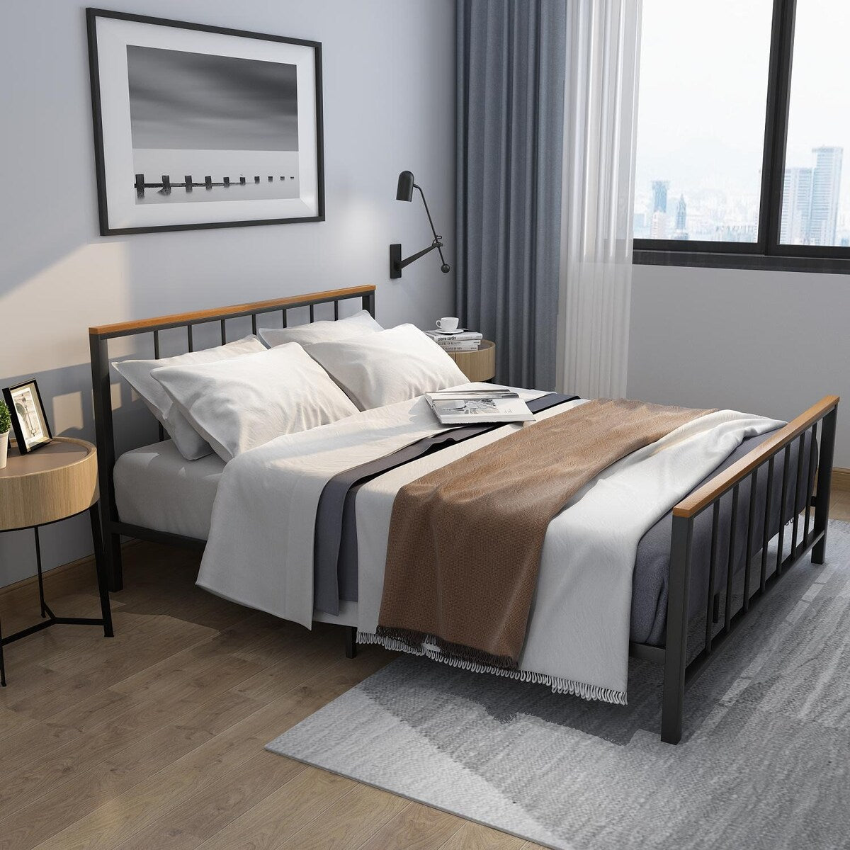 Mieres Industrial Metal Platform Bed Frame with Headboard & Footboard