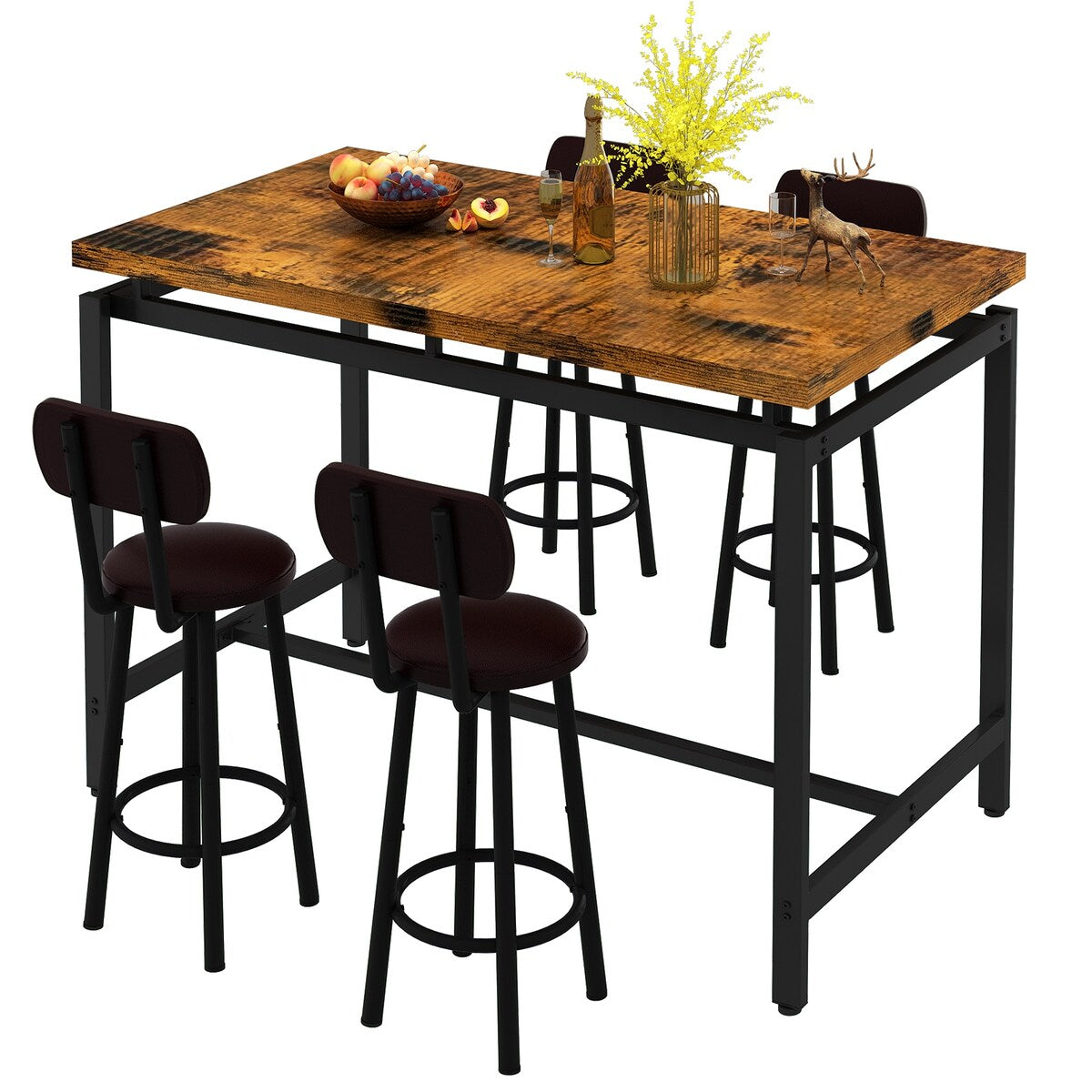Mieres Industrial Style Rustic 5 Pieces Dining Table Set, Counter Height Dining Table with 4 Upholstered Bar Chairs