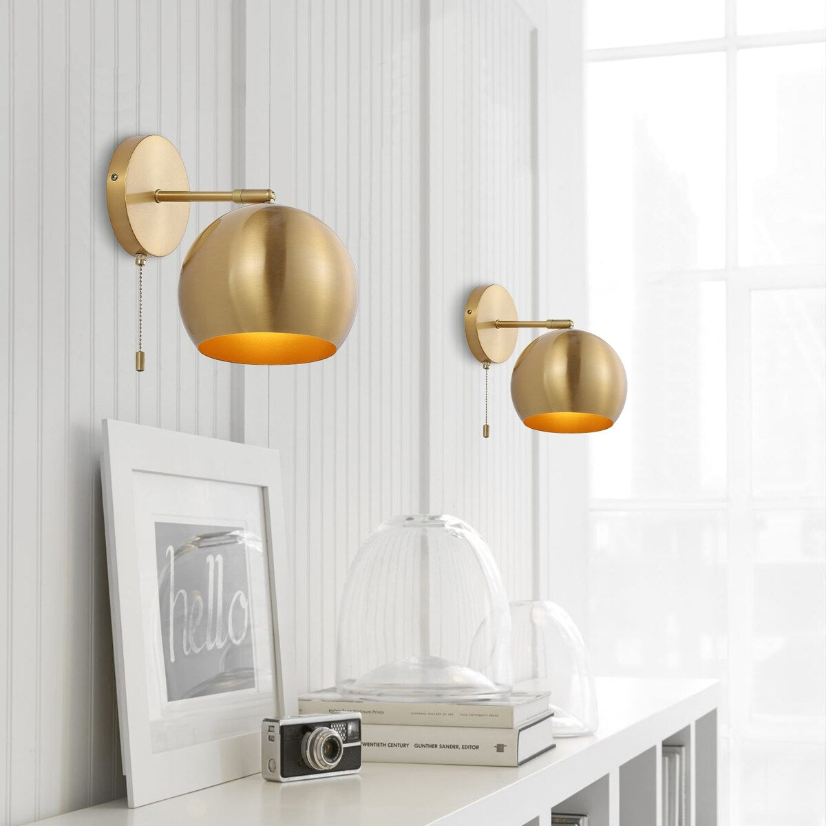 Mila 7" 1-Light Modern Midcentury Iron LED Sconce with Pull-Chain Switch, Brass Gold (Set of 2) by JONATHAN Y