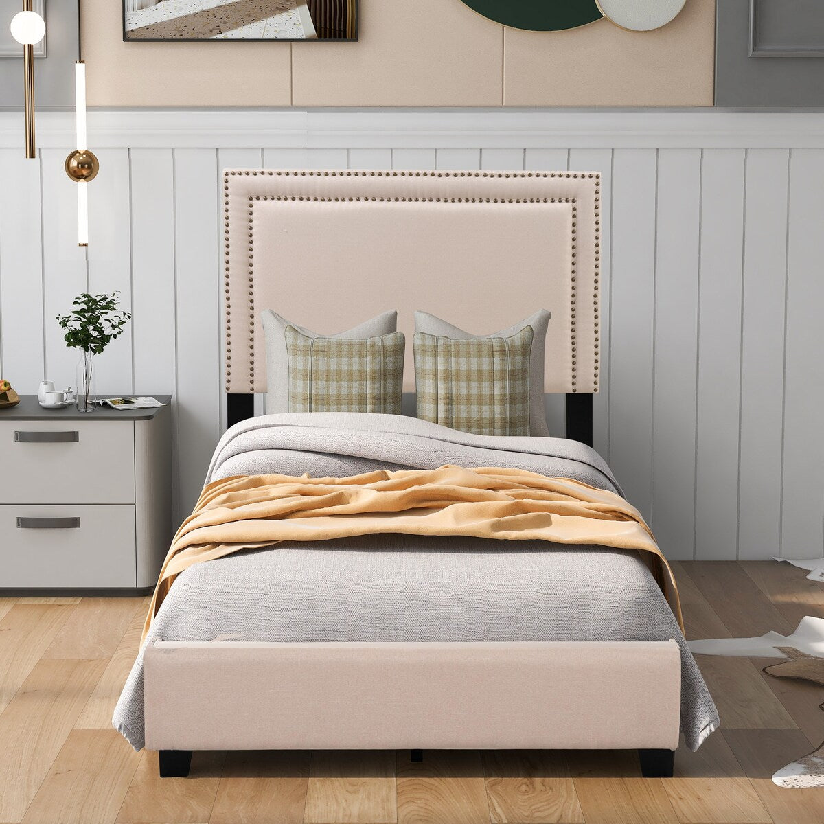 Milan Upholstered Platform Bed with Wooden Slats and Nailhead Detail, Twin