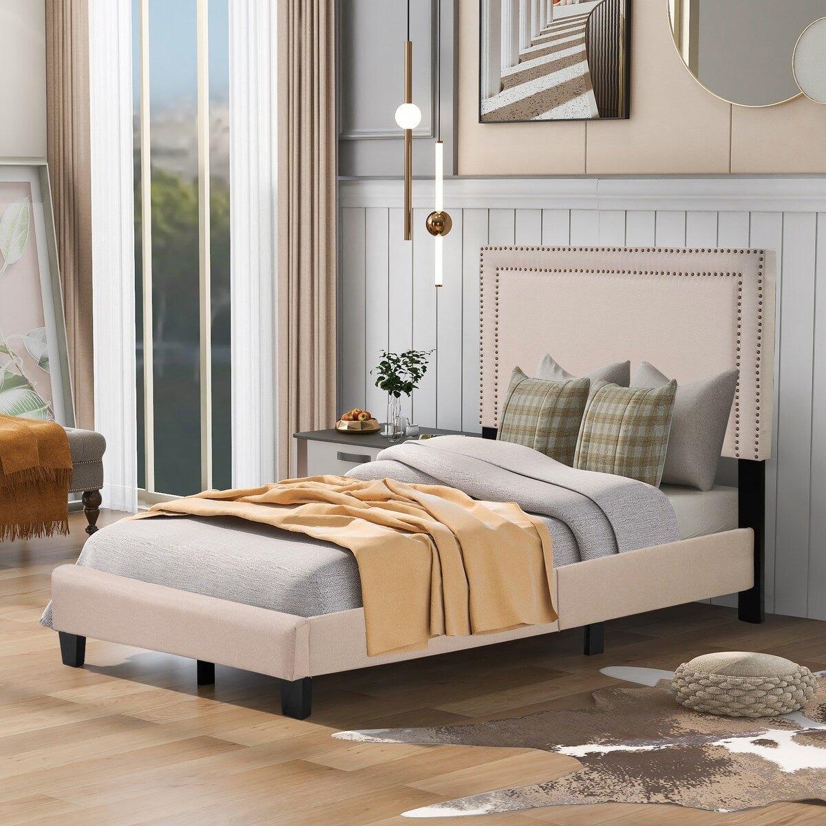 Milan Upholstered Platform Bed with Wooden Slats and Nailhead Detail, Twin