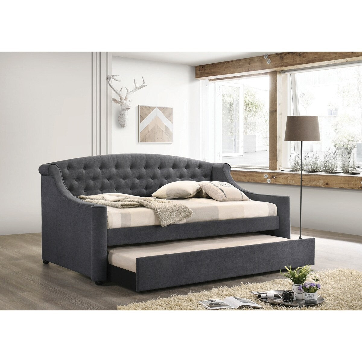 Milenge Grey Twin Upholstered Tufted Daybed with Trundle