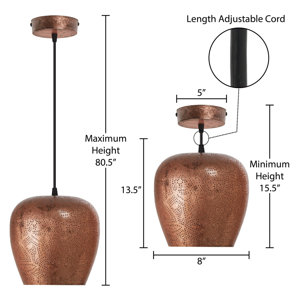 Miles River of Goods Copper-Colored Metal Punched Globe Shade 8-Inch Pendant Light - 8" x 8" x 15.5/80.5"