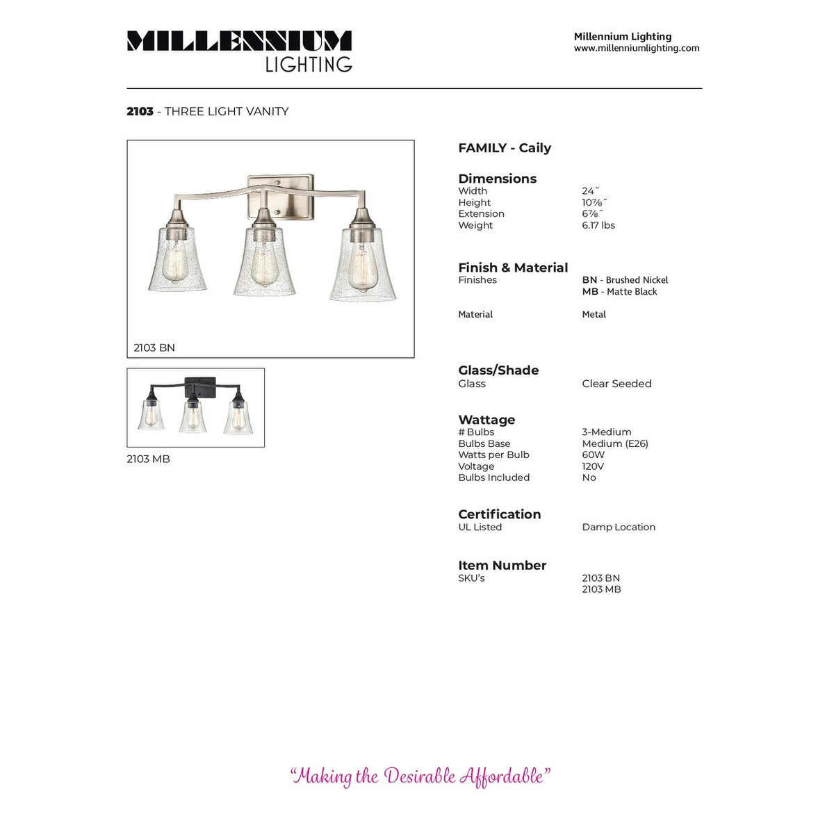 Millennium Lighting Caily 3 Light Bathroom Vanity Fixture in Brushed Nickel or Matte Black with Seeded Glass Shade