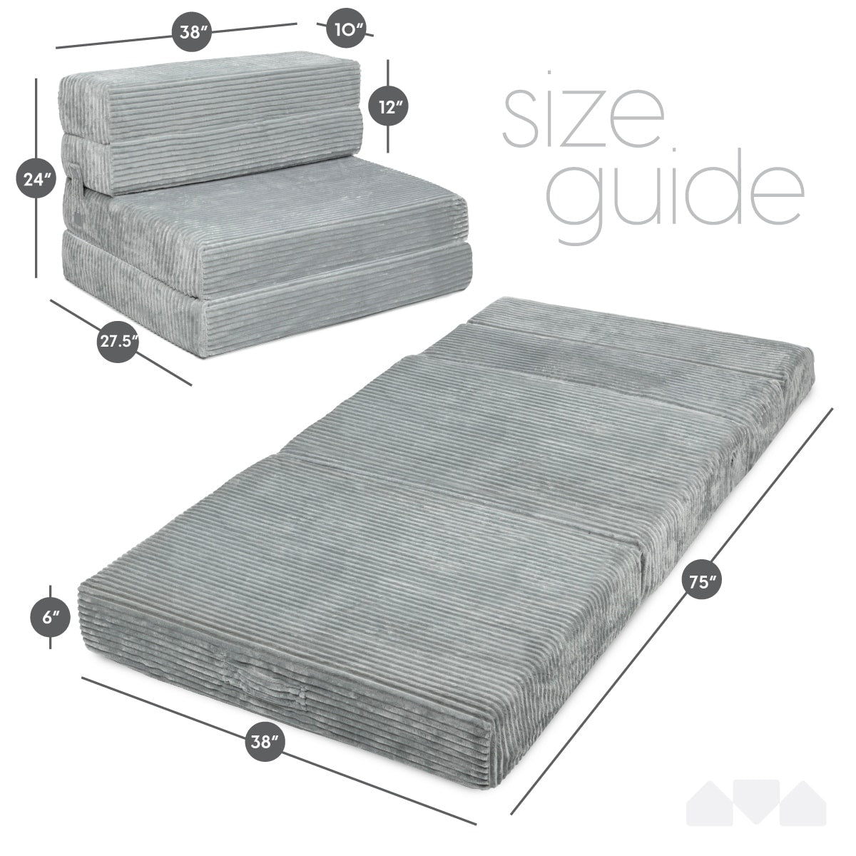 Milliard Tri Folding Sofa Mattress, Memory Foam Foldable Mattress with Ultra Soft & Washable Ribbed Fur Cover, Twin Size (Grey)
