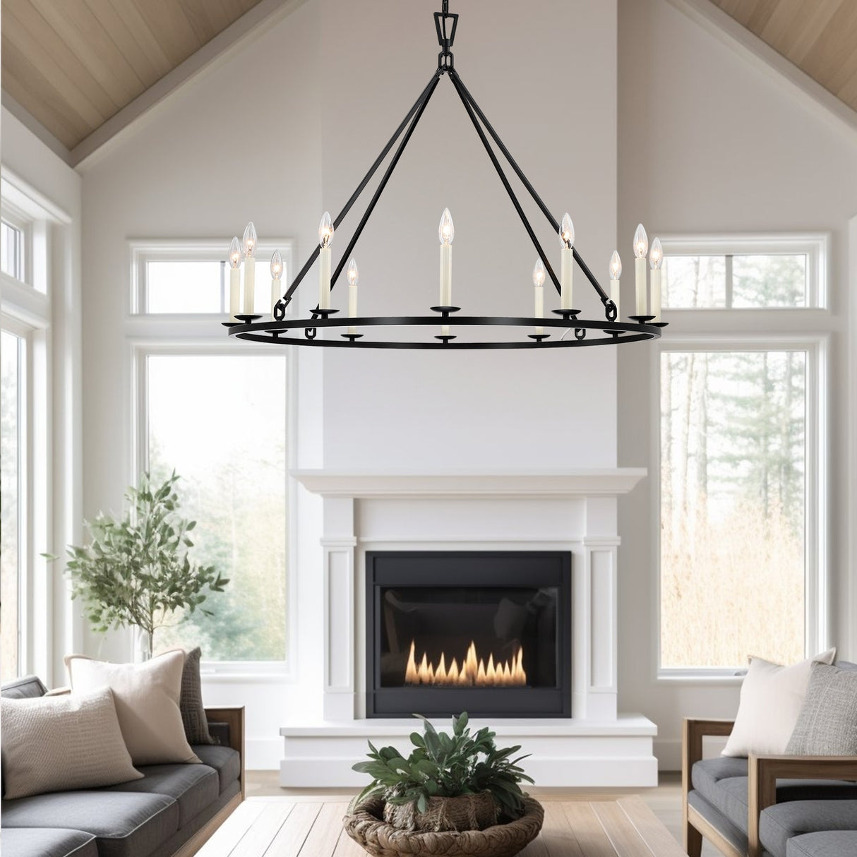 Mills 12-Light Black Candle Style Wagon Wheel Chandelier - 40''W