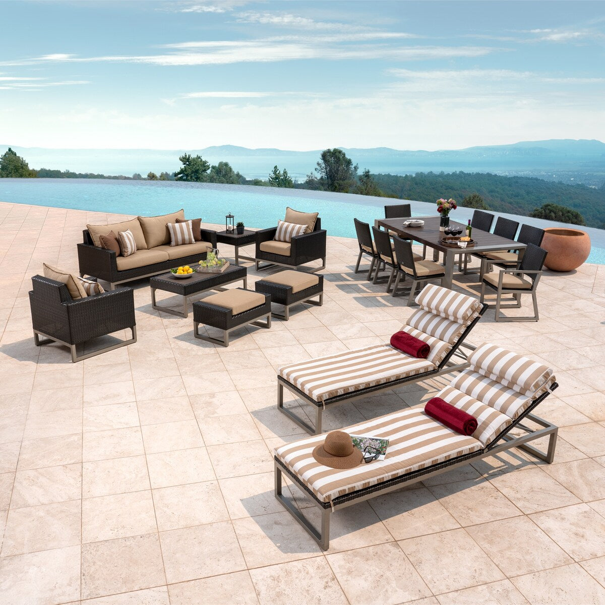 Milo Espresso 18 Piece Sunbrella Outdoor Patio Estate Set