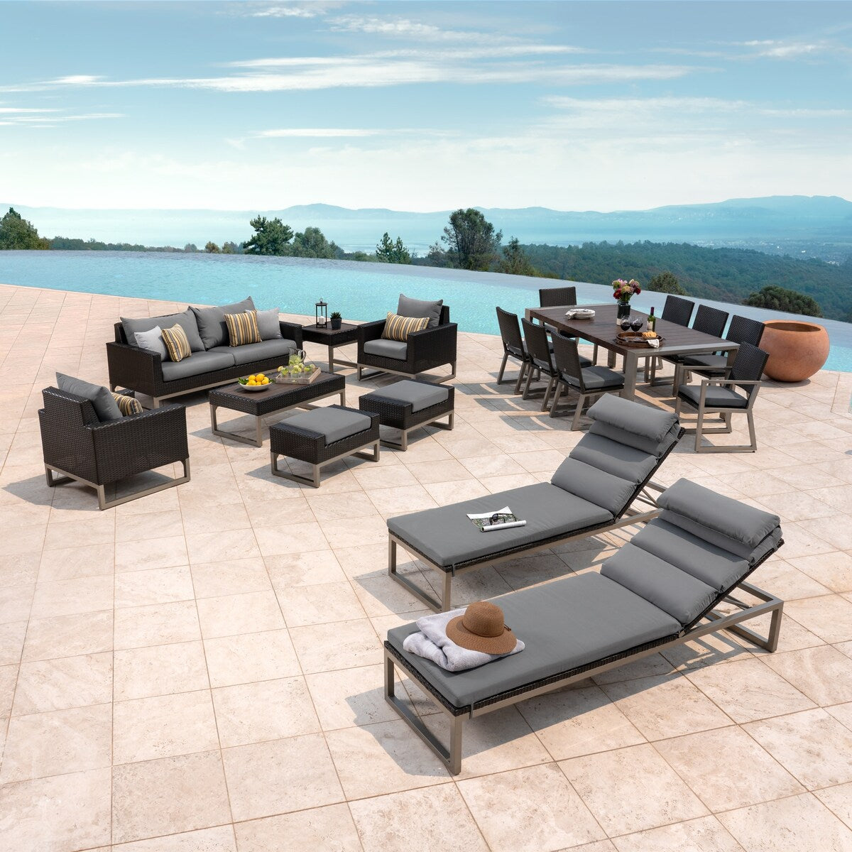 Milo Espresso 18 Piece Sunbrella Outdoor Patio Estate Set
