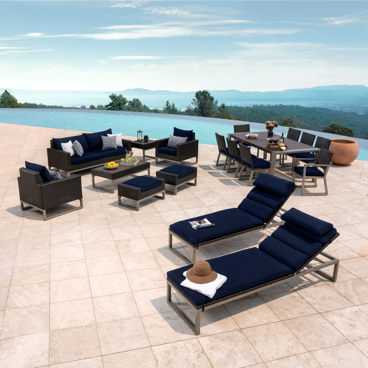Milo Espresso 18 Piece Sunbrella Outdoor Patio Estate Set