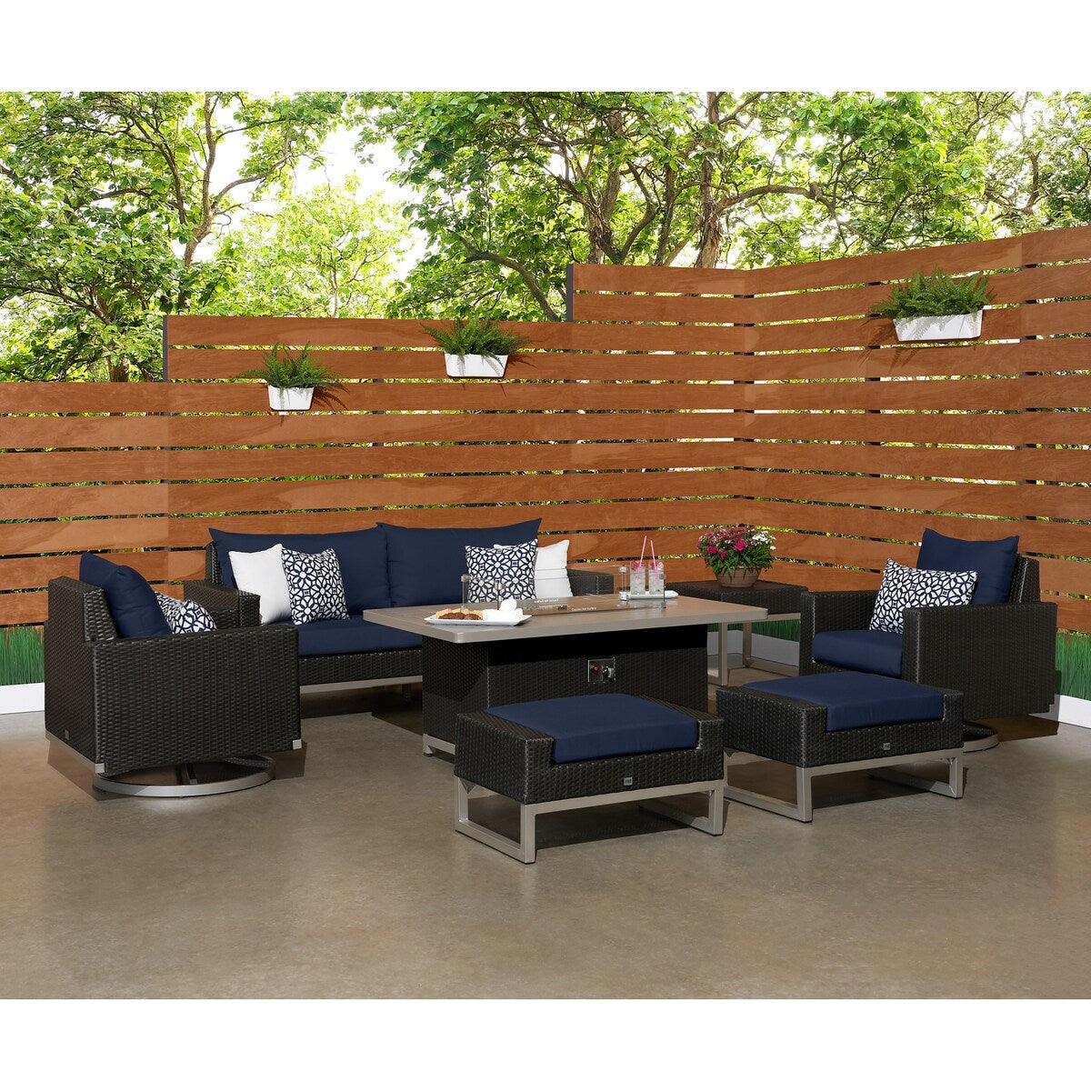 Milo Espresso 7 Piece Sunbrella Outdoor Patio Motion Fire Set