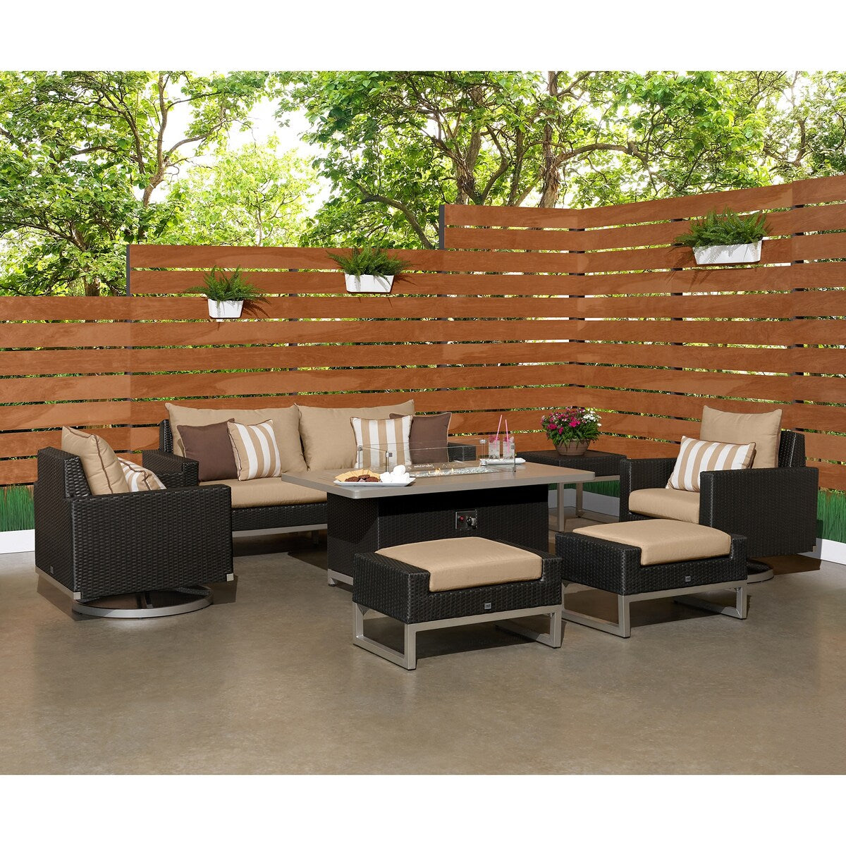 Milo Espresso 7 Piece Sunbrella Outdoor Patio Motion Fire Set