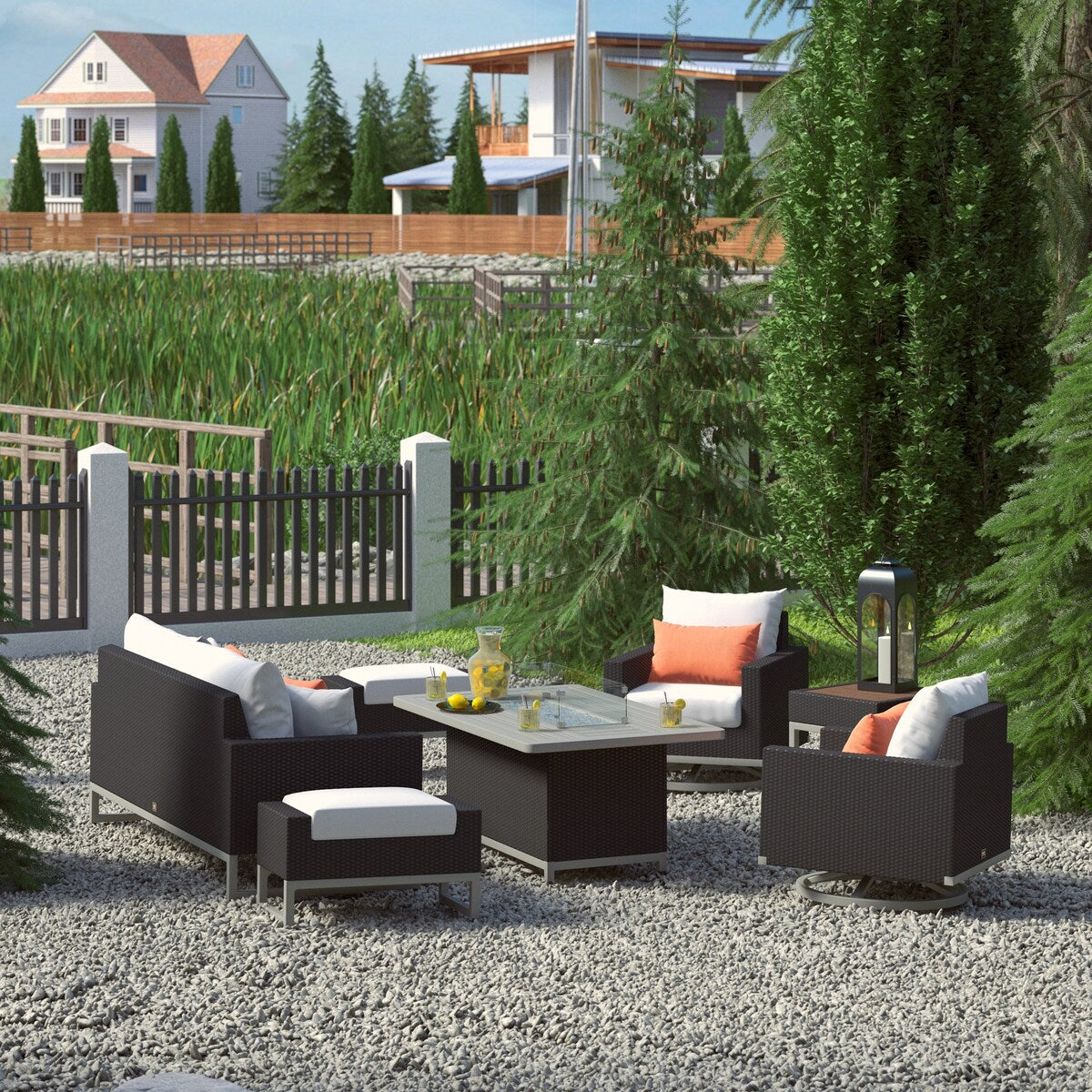 Milo Espresso 7 Piece Sunbrella Outdoor Patio Motion Fire Set